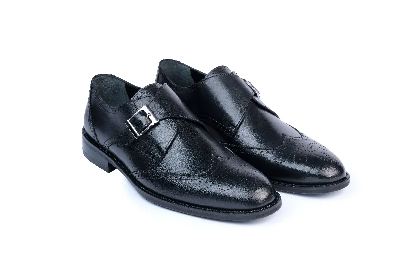 black dress shoes with leather finish-Dumbo Wingtip Monk Strap