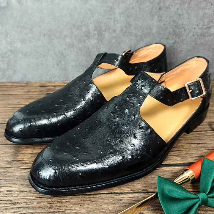 men’s formal shoes with rubber sole-Men's Luxury Genuine Leather Ostrich Print Buckle Strap Hollow Out Dress Shoes