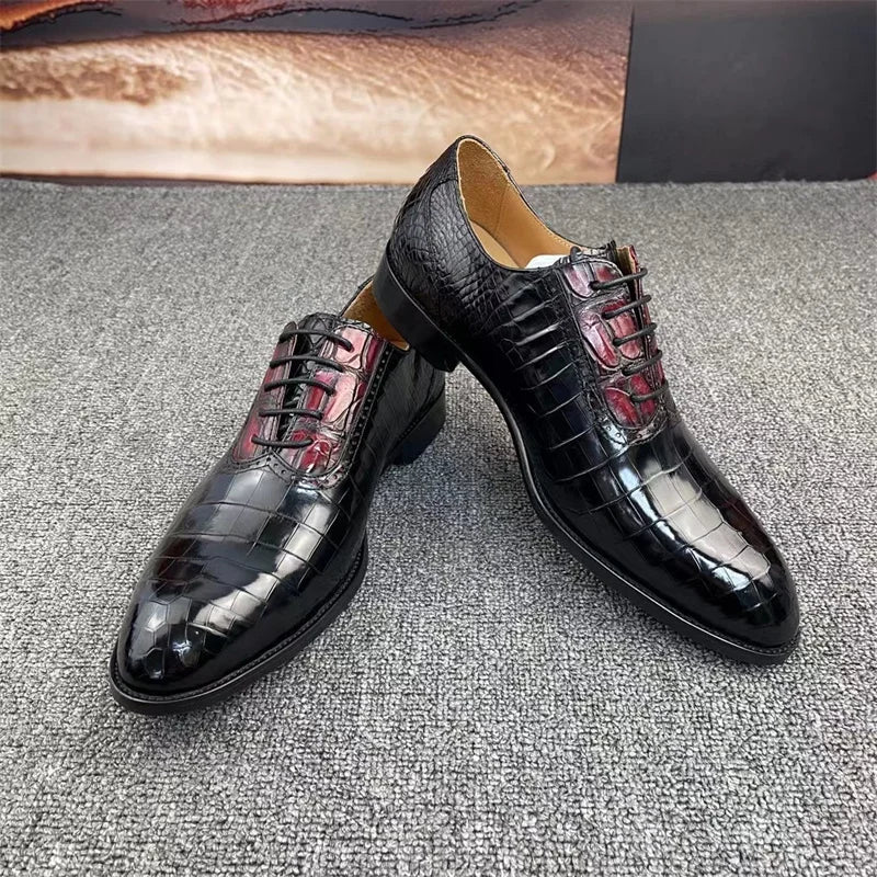 fashionable men’s formal shoes-Men's Crocodile Skin Leather Lace-up Square Toe Formal Dress Shoes