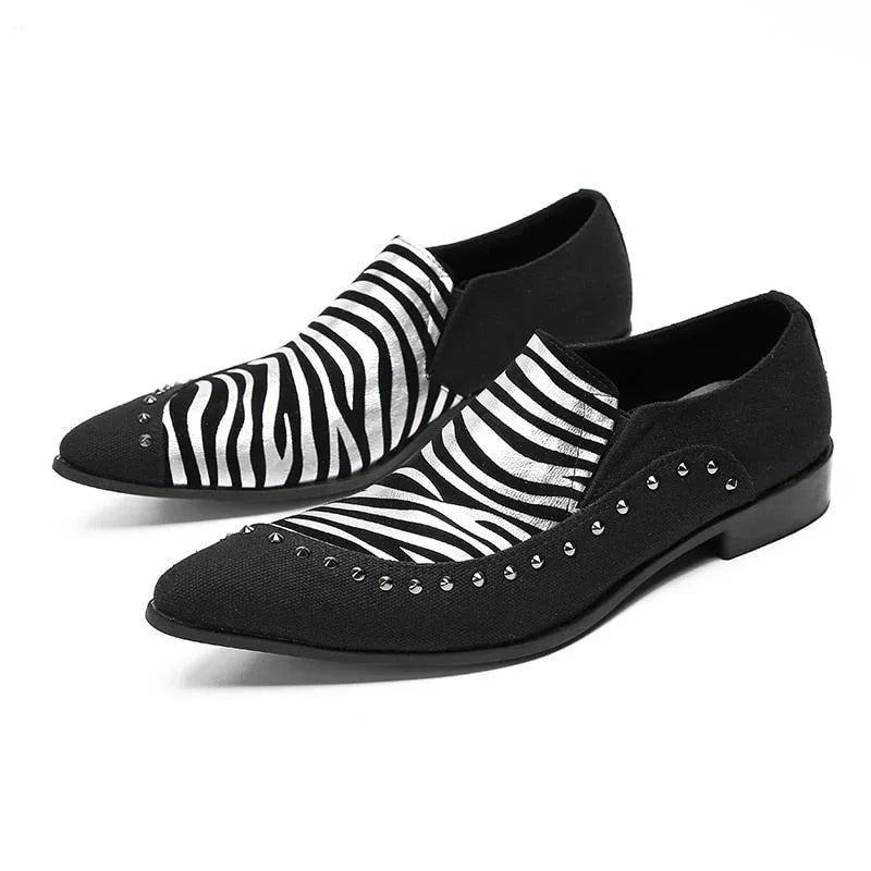 dress shoes for men with rubber heel-Men's Black Zebra-stripe Leather Slip-on Formal Business Party Dress Shoes