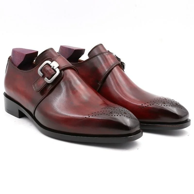 dress shoes with lace-up design for men-Men's Full Grain Calf Leather Blake Stitch Monk Straps Square Toe Dress Shoes