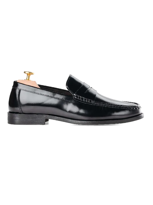 formal shoes with stylish toe cap for men-Marco Penny Loafer - Black Polished Leather