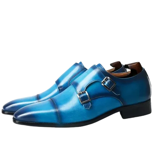 men’s leather shoes with low profile-Men's Luxury Blue Double Buckle Strap Casual Slip-on Dress Shoes