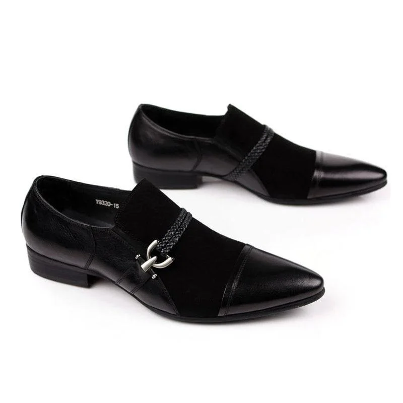 men’s office shoes-Men's Genuine Suede Leather Black Slip On Shoes for Wedding Business