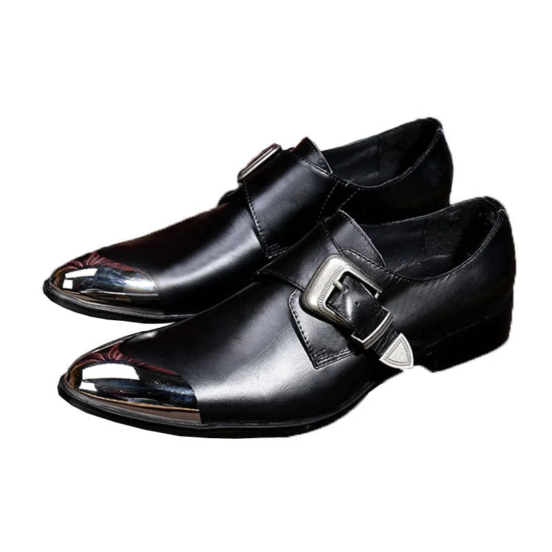 men’s slip-on oxford shoes-Men's Leather Pointy Metal Front Cap Buckle Strap High Heels Dress Shoes