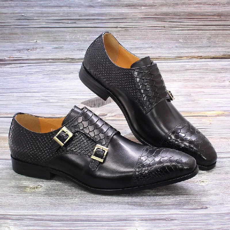 men’s velvet dress shoes-Men's Genuine Leather Double Buckle Monk Strap Snake Print Dress Shoes