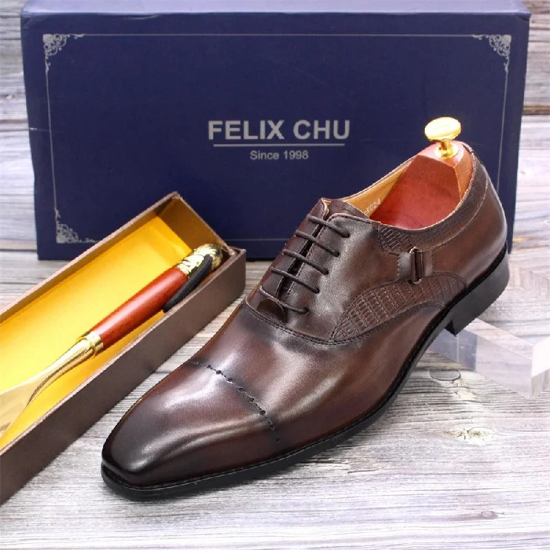 classic brown formal shoes-Business Formal Carved Full Cowhide Pointed Toe Handmade Leather Shoes