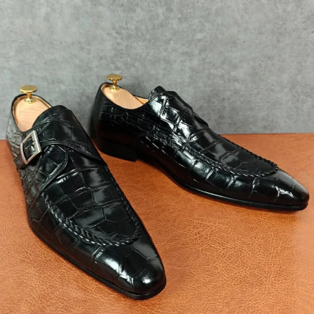 stylish brown formal shoes-Luxury Crocodile Print Genuine Leather Slip-on Office Dress Shoes for Men