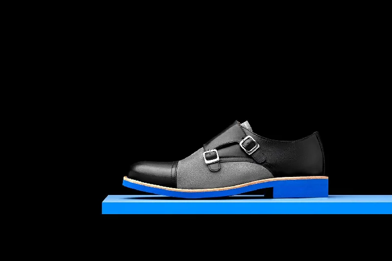 affordable men’s formal shoes-Mens Black & Blue Leather Double Monk Strap Dress Shoes