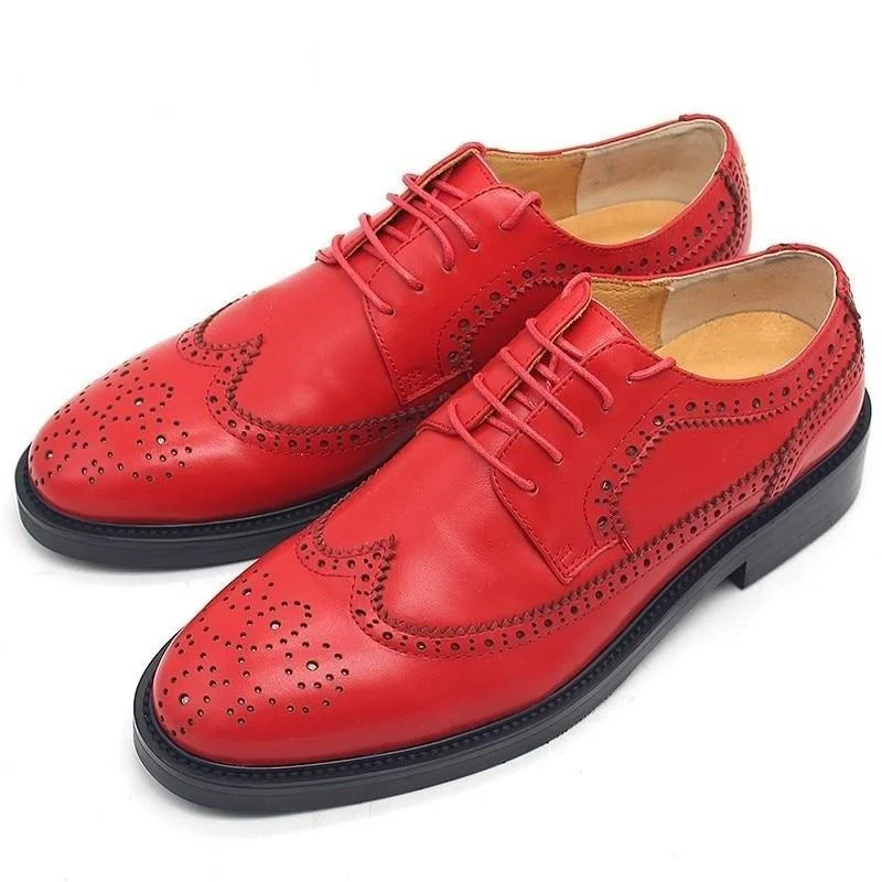 casual dress shoes for men-Men's Leather Carved Wingtip Red Embroidered Shoes for Wedding