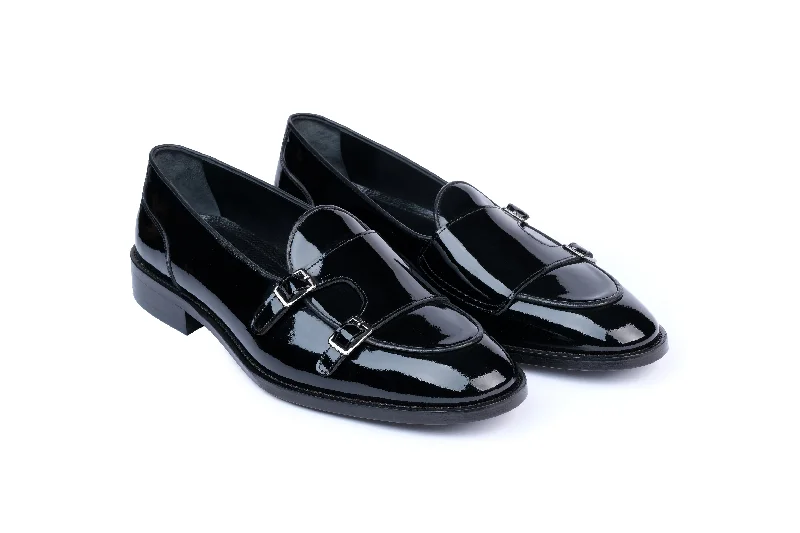 men’s elegant dress shoes for weddings-Onyx Patent Leather Short Cut Double Monk