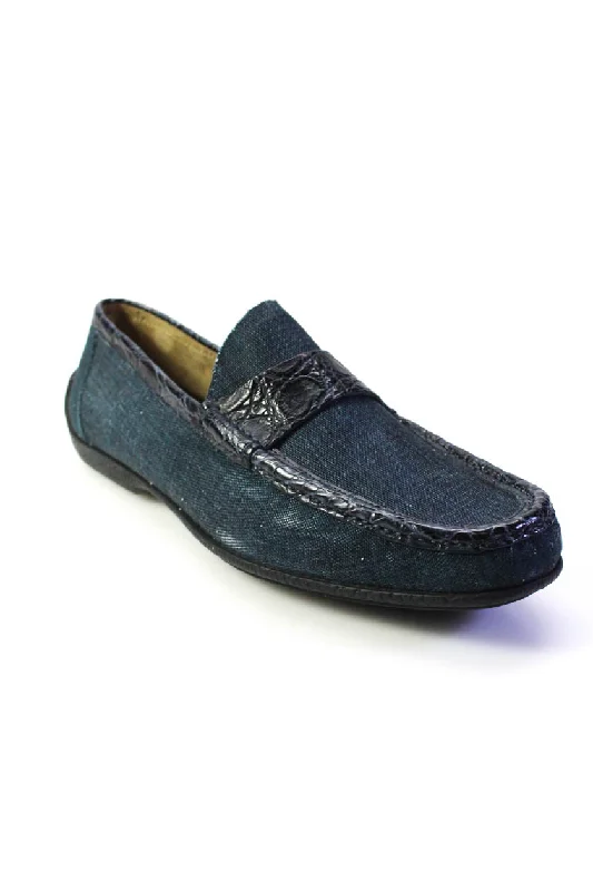 slip-on dress shoes for men-Tardini Mens Leather Alligator Trim Caldi Apron Toe Moccasins Blue