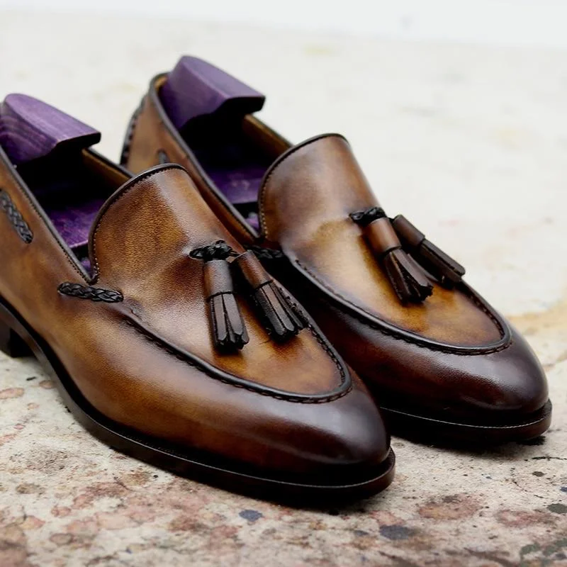 men’s formal shoes with polished finish-Men's Genuine Leather Blake Patina Brown Tassels Slip-on Shoes