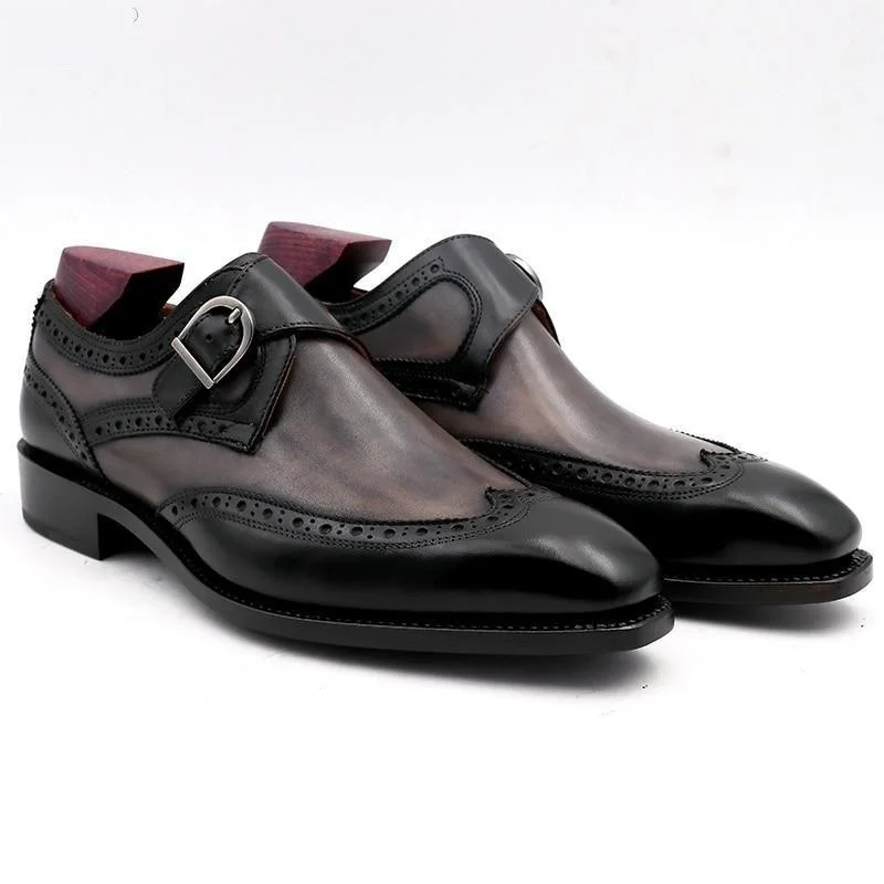 formal shoes for men with modern design-Patina Double Monk Straps Buckle Full Grain Calf Leather Square Toe Shoes