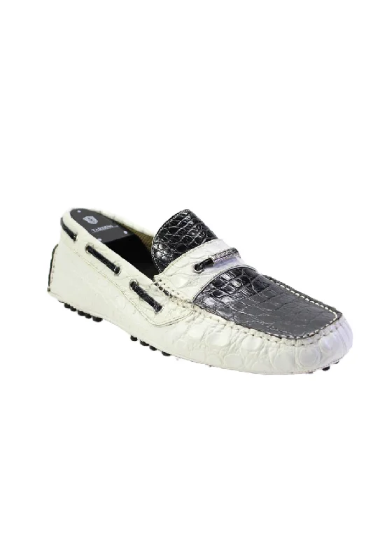 dress shoes for men with pointed toe-Tardini Mens Alligator Leather Slip On Driver Moccasins White Black