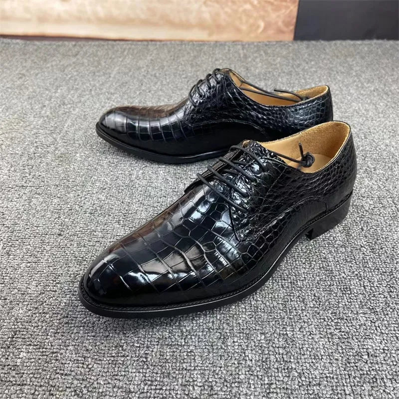 men’s formal shoes with leather sole-Men's Crocodile Belly Skin Leather Lace-up Point Toe Business Dress Shoes