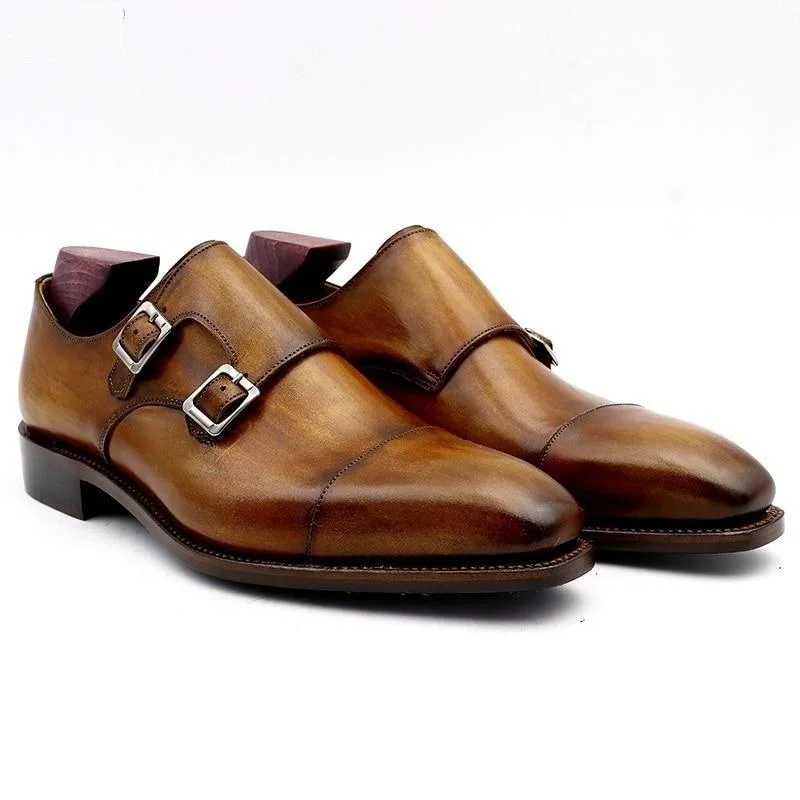 formal slip-on shoes for men-Monk Genuine Calf Leather Outsole Patina Brown Dress Shoe for Men