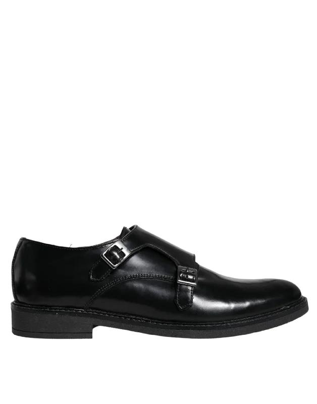 black dress shoes with leather finish-Daniele Alessandrini  Leather Monk Strap Dress Formal Men's Shoes