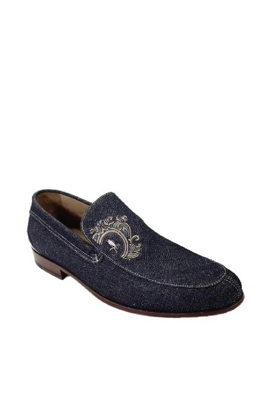 formal slip-on shoes-Tardini Mens Denim Embroidered Slide On Dress Shoes Loafers Blue