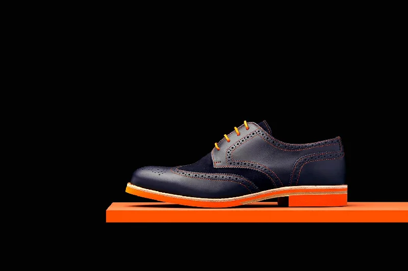 formal shoes with shiny finish-Mens Navy & Orange Leather Wingtip Dress Shoes