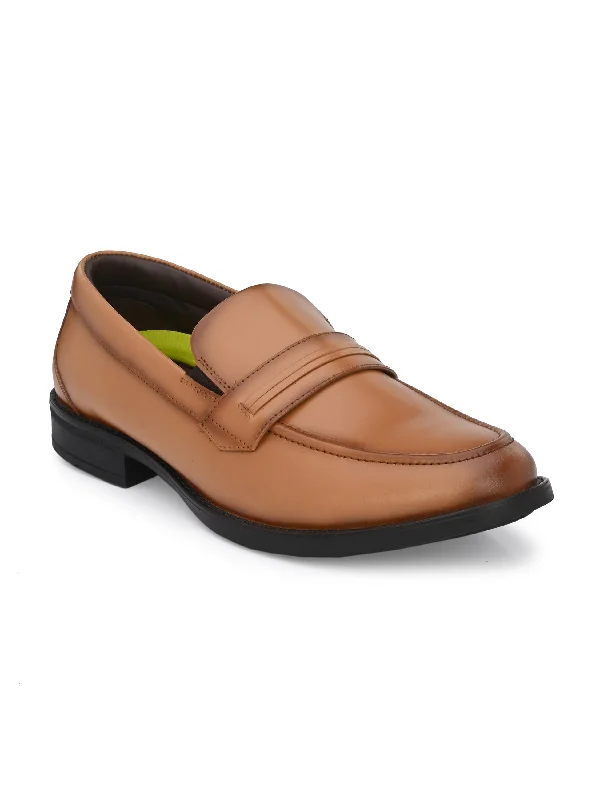 men’s leather shoes with low profile-Hitz Men's Tan Leather Slip On Formal Shoes