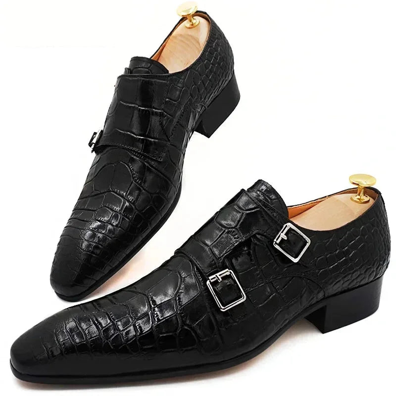 men’s black shoes for formal wear-Luxury Black Buckle Strap Genuine Leather Dress Shoes for Men