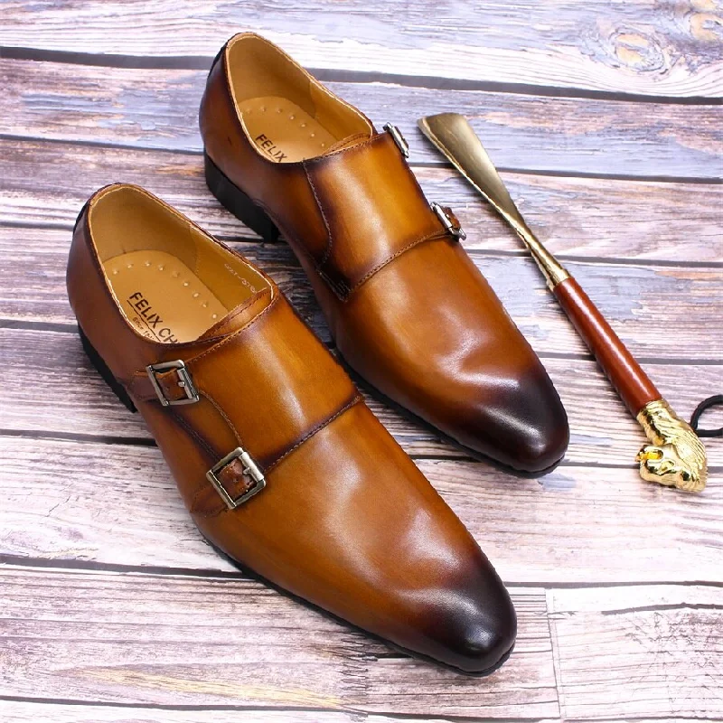 waterproof men’s dress shoes-Men's Genuine Leather Pointed Toe Double Buckles Strap Wedding Dress Shoes