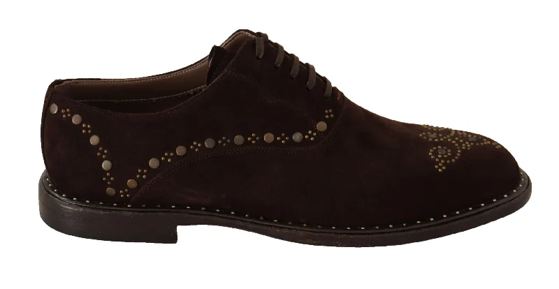 brown dress shoes for men-Dolce & Gabbana Elegant  Suede Studded Derby Men's Shoes