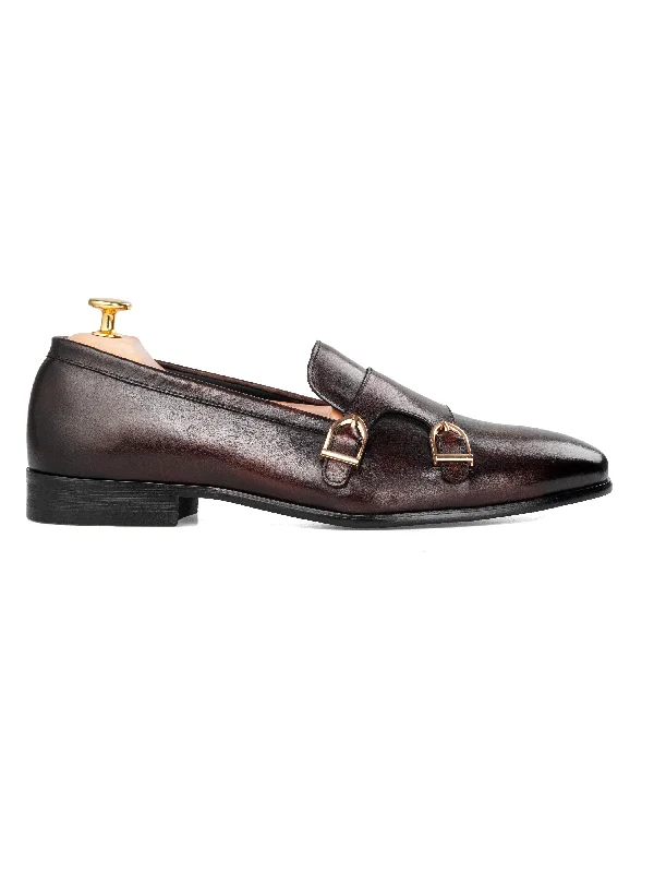 men’s high-end dress shoes-Alfeo Loafer Slipper - Dark Brown Double Monk Strap (Hand Painted Patina)