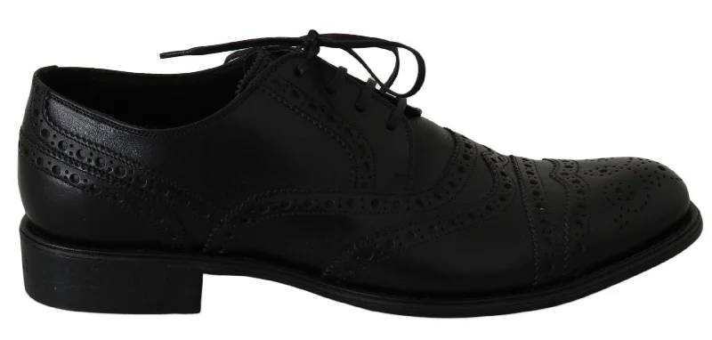 men’s black formal shoes with leather upper-Dolce & Gabbana Elegant  Leather Derby Wingtip Dress Men's Shoes