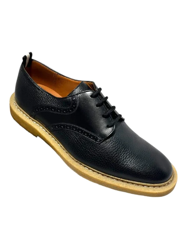 classic dress shoes for men-Bally Nek 6222929 Men's Black Perforated Deer Grained Leather Shoe