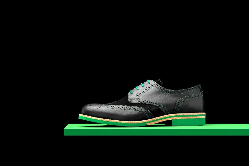 men’s formal shoes with soft leather-Mens Black & Green Leather Wingtip Dress Shoes