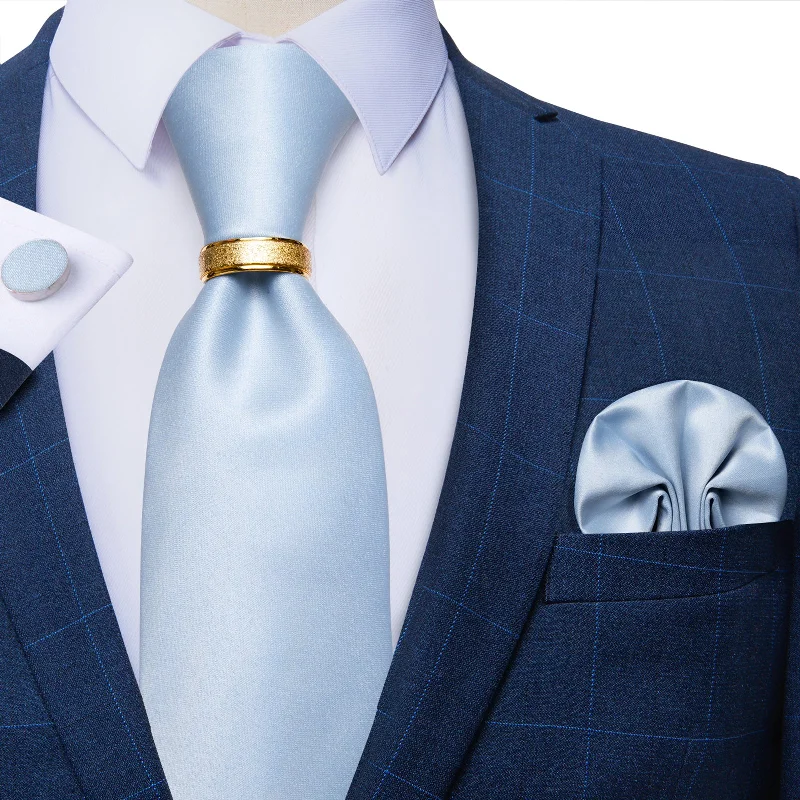 Men's satin tie-4PCS Baby Blue Solid Silk Men's Tie Pocket Square Cufflinks with Tie Ring Set