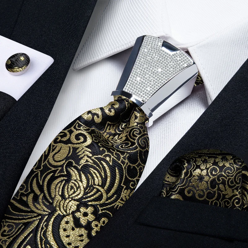 Luxury necktie for men-4PCS Black Golden Floral Men's Tie Handkerchief Cufflinks Accessory Set