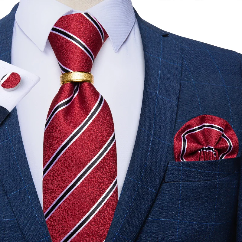 Men's plaid tie-4PCS Black Red Stripe Silk Men's Tie Pocket Square Cufflinks with Tie Ring Set