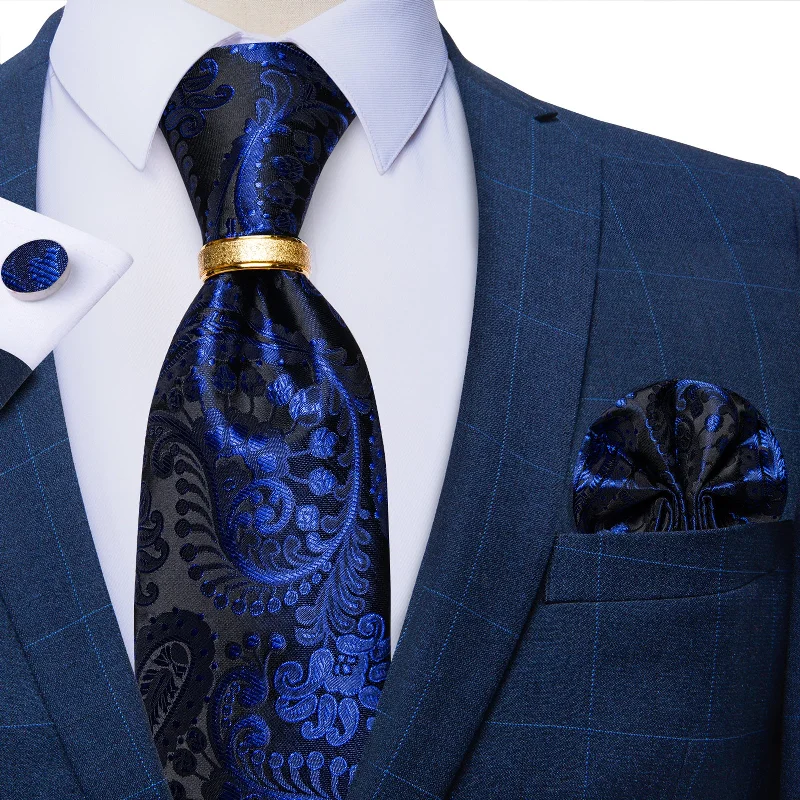 High-end men's necktie-4PCS Blue Floral Silk Men's Tie Pocket Square Cufflinks with Tie Ring Set