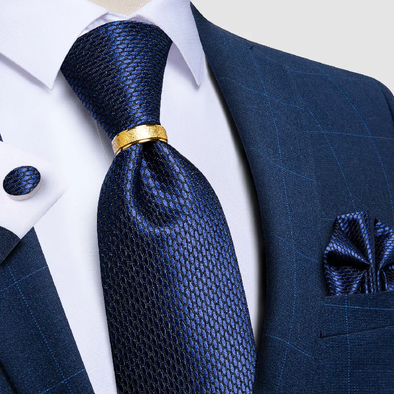 Simple men's tie for interviews-4PCS Blue Geometric Tie Pocket Square Cufflinks with Tie Ring Set