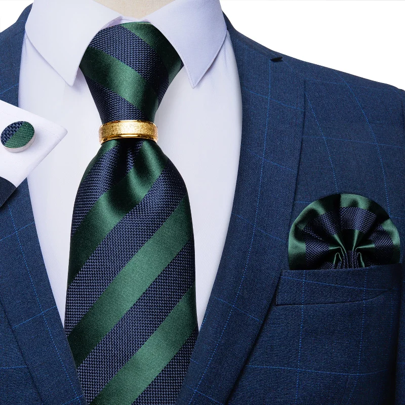 Stylish men's necktie for formal wear-4PCS Blue Green Stripe Silk Men's Tie Pocket Square Cufflinks with Tie Ring Set