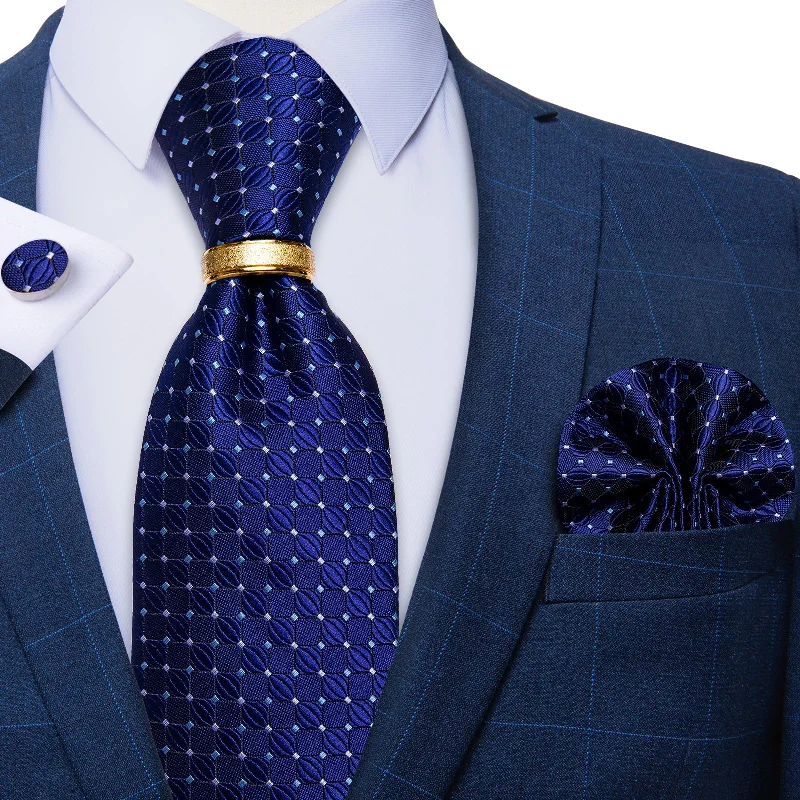 Men's tie with a unique pattern-4PCS Blue Plaid Silk Men's Tie Pocket Square Cufflinks with Tie Ring Set