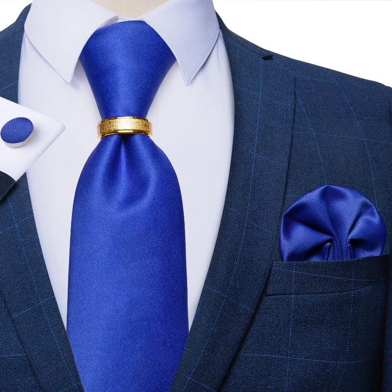 Men's bold striped tie-4PCS Blue Solid Silk Men's Tie Pocket Square Cufflinks with Tie Ring Set