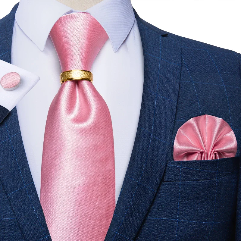 Men's tie with a modern design-4PCS Cherry Pink Solid Silk Men's Tie Pocket Square Cufflinks with Tie Ring Set