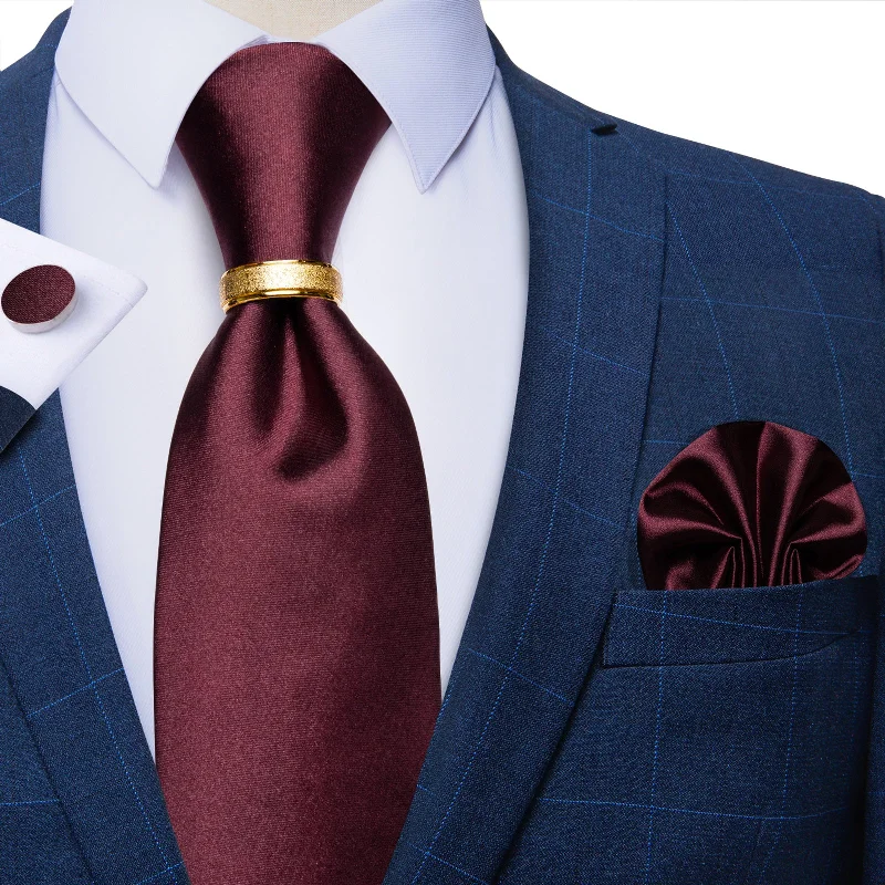 Men's tie with floral print-4PCS Claret Solid Silk Men's Tie Pocket Square Cufflinks with Tie Ring Set