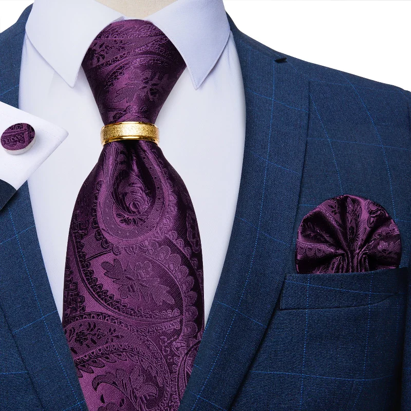 Popular men's tie designs-4PCS Fuchsia Floral Silk Men's Tie Pocket Square Cufflinks with Tie Ring Set