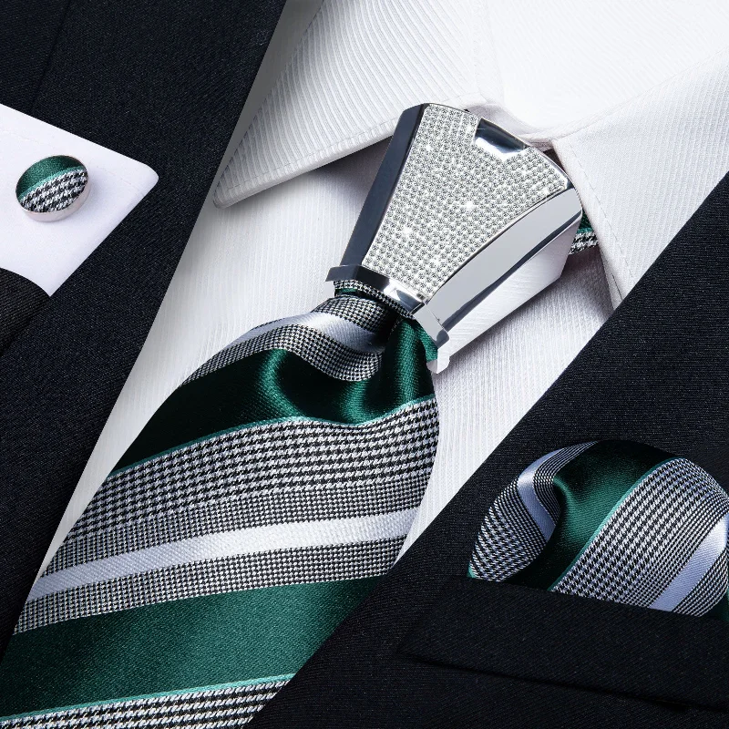 Men's tie with a contrasting stripe-4PCS Green Black White Stripe Men's Tie Handkerchief Cufflinks Accessory Set