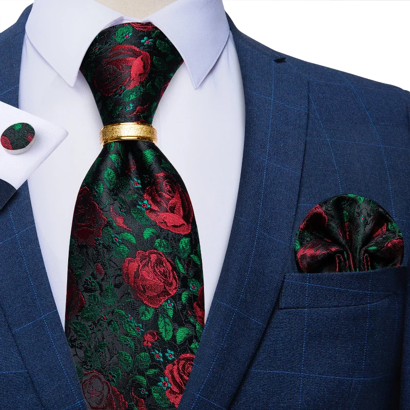 Men's tie with subtle stripes-4PCS Green Red Floral Silk Men's Tie Pocket Square Cufflinks with Tie Ring Set