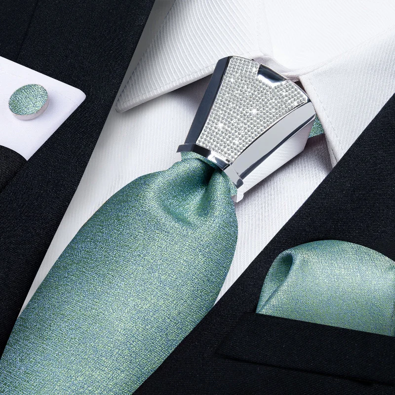 Men's necktie for evening attire-4PCS Green Solid Men's Tie Handkerchief Cufflinks Accessory Set