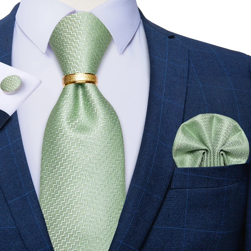 Men's tie for Christmas-4PCS Green Solid Silk Men's Tie Pocket Square Cufflinks with Tie Ring Set