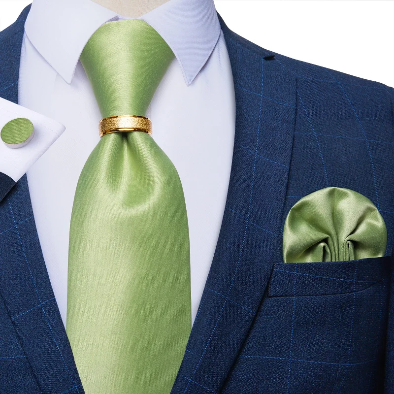 Men's tie with a floral motif-4PCS Lime Green Solid Silk Men's Tie Pocket Square Cufflinks with Tie Ring Set