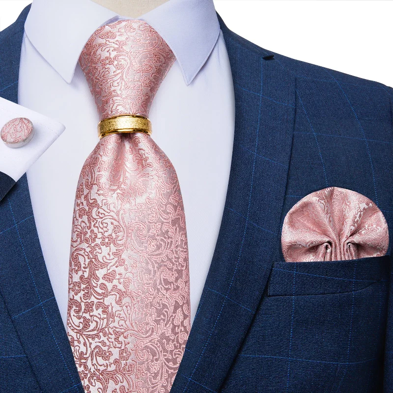 Men's tie with unique textures-4PCS Pink Floral Silk Men's Tie Pocket Square Cufflinks with Tie Ring Set