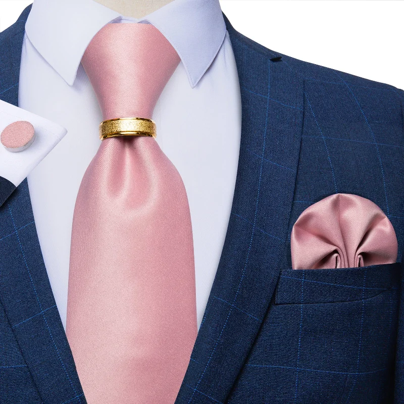 Men's tie for office parties-4PCS Pink Solid Silk Men's Tie Pocket Square Cufflinks with Tie Ring Set